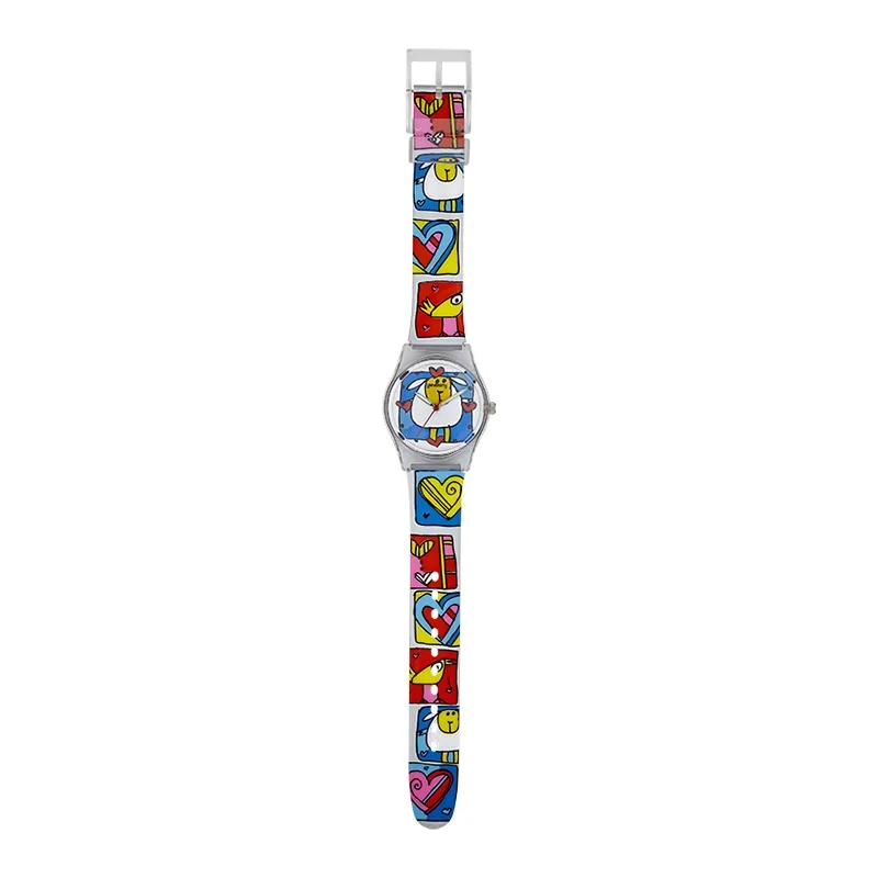 Reloj Reloj university analogo, para Mujer niña, tablero redondo colores blanco, azul, rojo y amarillo, estilo puntos, pulso plastico color blanco
