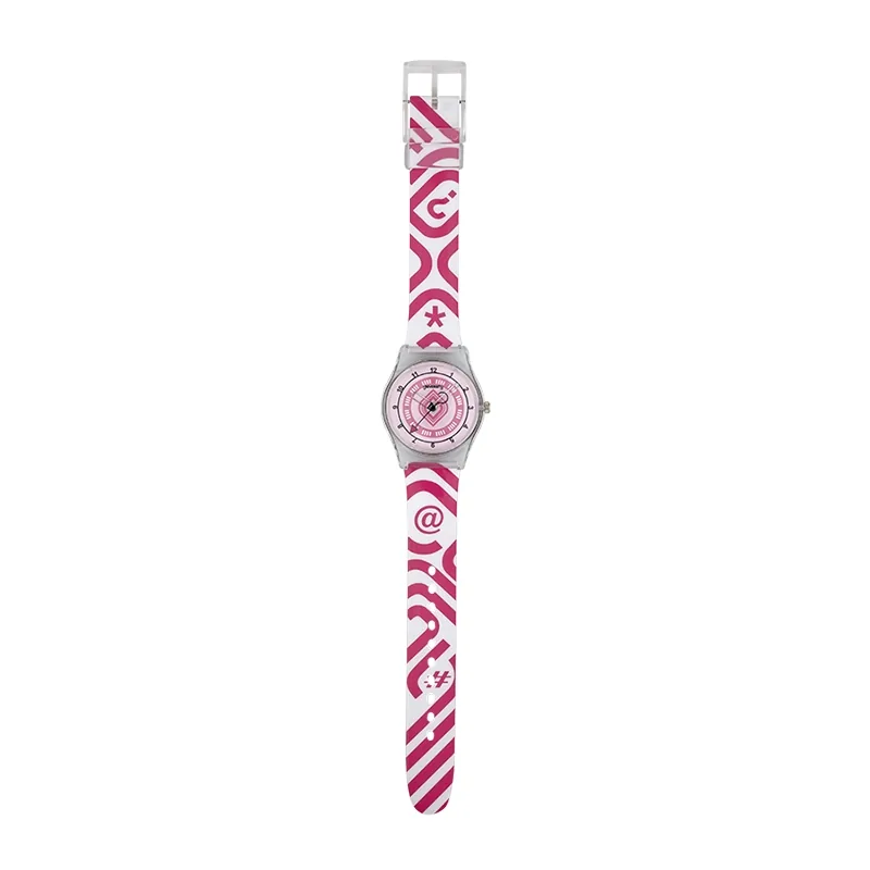 Reloj Reloj university analogo, para Mujer niña, tablero redondo colores rosado y rosado, estilo arabigos, pulso plastico colores blanco y rojo