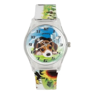 Reloj Reloj university analogo, para Mujer niña, tablero redondo colores verde y azul, estilo arabigos, pulso plastico color blanco