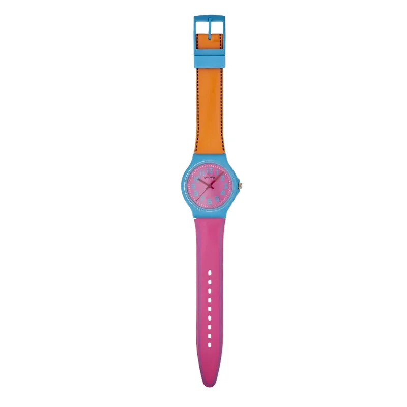 Reloj Reloj university analogo, para Mujer niña, tablero redondo colores fucsia y azul, estilo arabigos, pulso plastico colores naranja y rosado