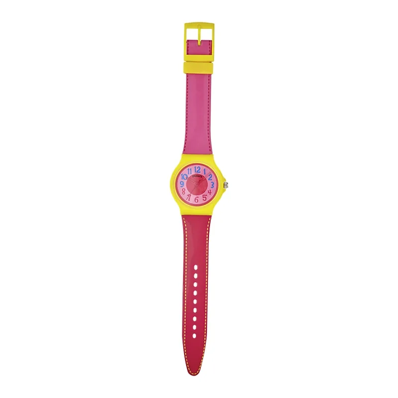Reloj Reloj university analogo, para Mujer niña, tablero redondo colores amarillo, rojo y rosado, estilo arabigos, pulso plastico colores rojo y rosado