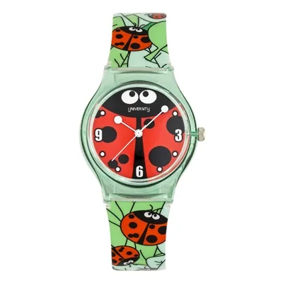 Reloj Reloj university analogo, para Mujer niña, tablero redondo colores rojo, negro y blanco, estilo puntos + arabigo, pulso plastico color verde