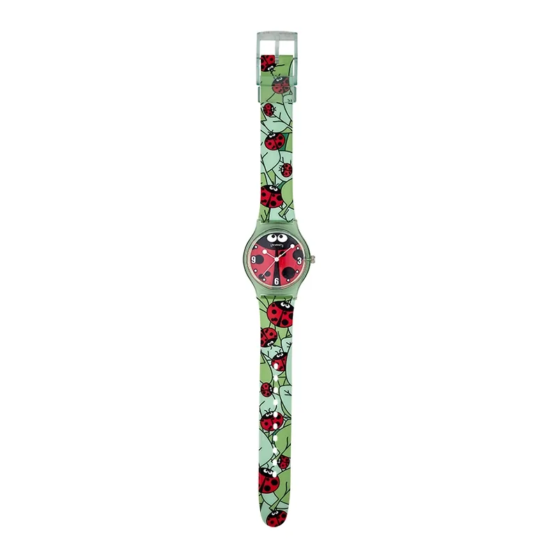 Reloj Reloj university analogo, para Mujer niña, tablero redondo colores rojo, negro y blanco, estilo puntos + arabigo, pulso plastico color verde