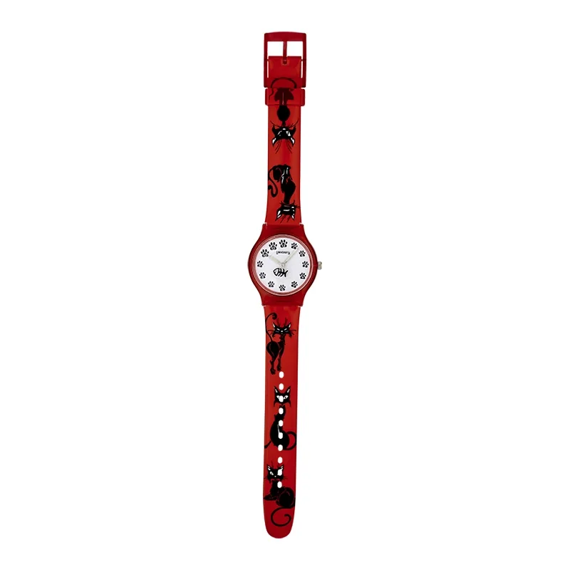 Reloj Reloj university analogo, para Mujer niña, tablero redondo colores blanco y negro, estilo arabigos, pulso plastico color rojo