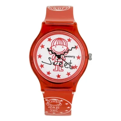 Reloj Reloj university analogo, para Mujer niña, tablero redondo colores blanco y rojo, estilo puntos, pulso plastico color rojo