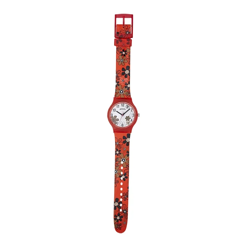 Reloj Reloj university analogo, para Mujer niña, tablero redondo colores blanco y café, estilo arabigos, pulso plastico color rojo