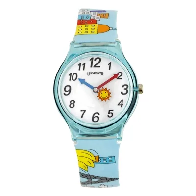 Reloj Reloj university analogo, para Mujer niña, tablero redondo color blanco, estilo arabigos, pulso plastico color azul