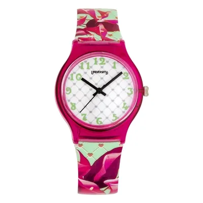 Reloj Reloj university analogo, para Mujer niña, tablero redondo colores blanco y verde, estilo arabigos, pulso plastico color fucsia
