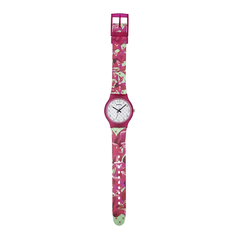 Reloj Reloj university analogo, para Mujer niña, tablero redondo colores blanco y verde, estilo arabigos, pulso plastico color fucsia