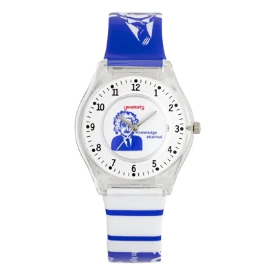 Reloj Reloj university analogo, para Mujer niña, tablero redondo colores blanco y azul, estilo arabigos, pulso plastico colores blanco y azul