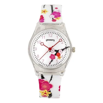 Reloj Reloj university analogo, para Mujer niña, tablero redondo colores blanco y rosado, estilo arabigos, pulso plastico color blanco