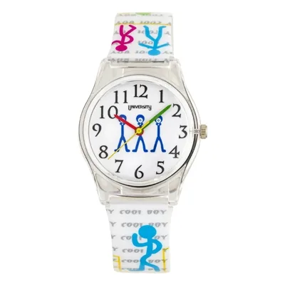 Reloj Reloj university analogo, Unisex, tablero redondo colores blanco, negro y azul, estilo arabigos, pulso plastico color blanco