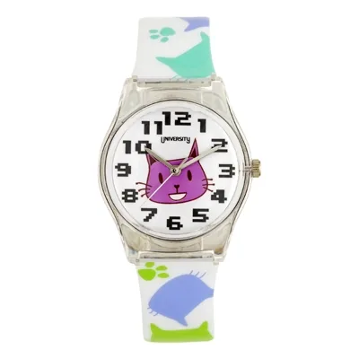 Reloj Reloj university analogo, para Mujer niña, tablero redondo colores blanco y morado, estilo arabigos, pulso plastico color blanco