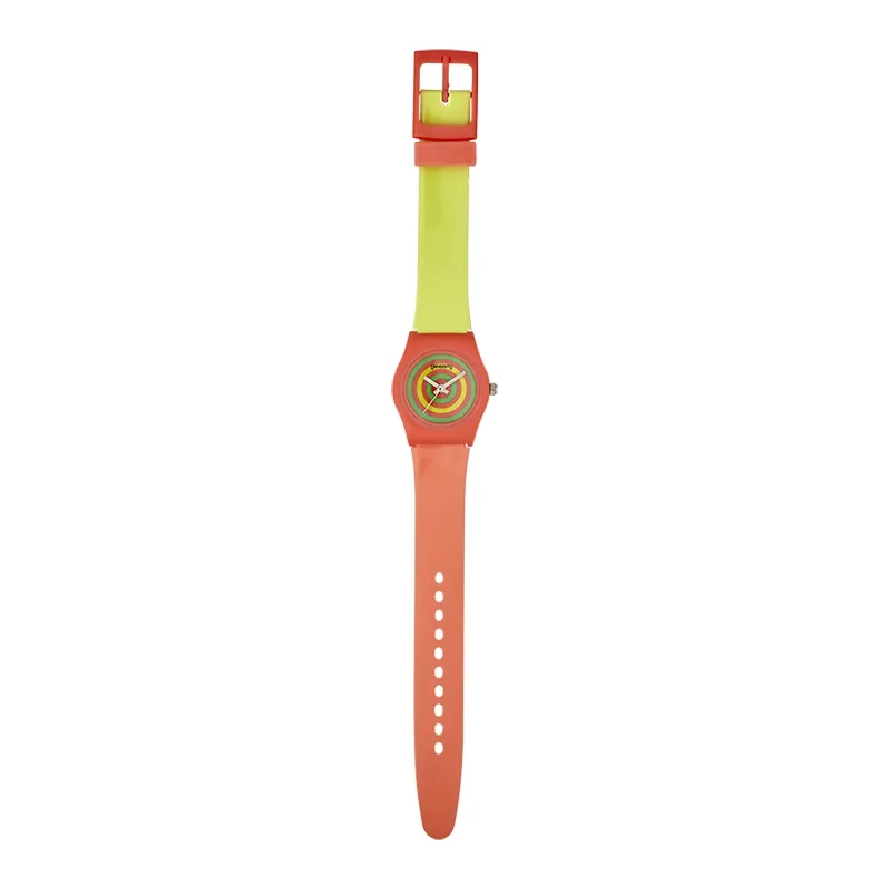 Reloj Reloj university analogo, para Mujer niña, tablero redondo colores verde, rosado y amarillo, estilo sin numeros, pulso plastico colores amarillo y rosado