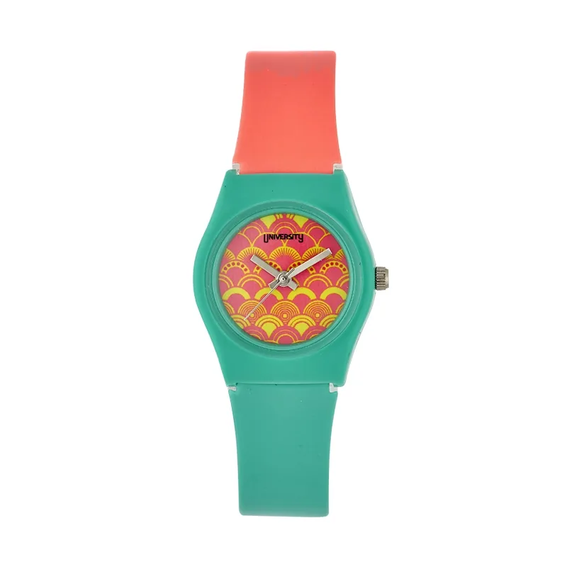Reloj Reloj university analogo, para Mujer niña, tablero redondo colores rosado y amarillo, estilo sin numeros, pulso plastico colores rosado y verde