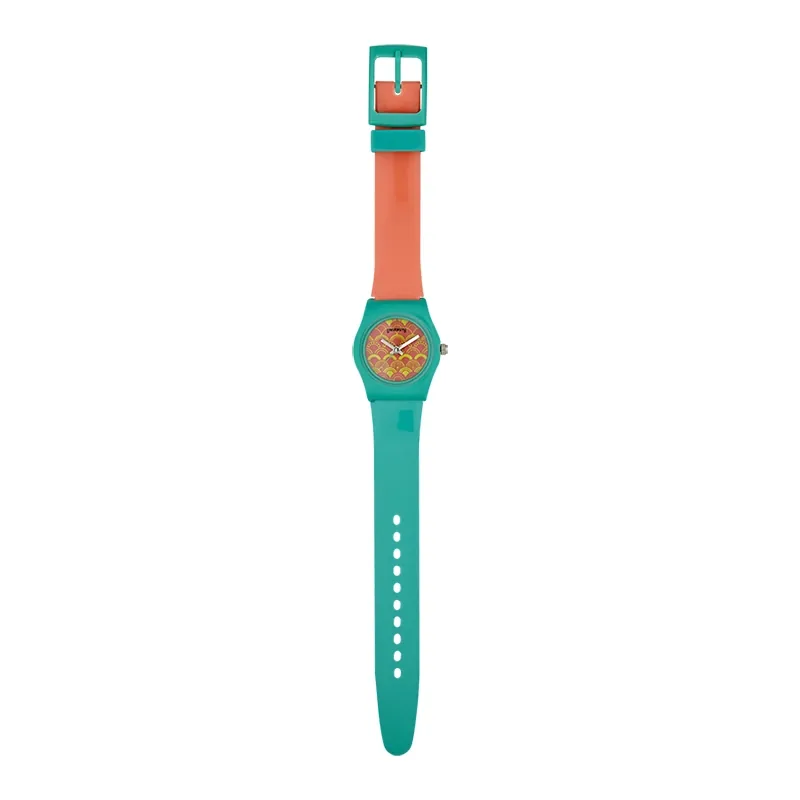 Reloj Reloj university analogo, para Mujer niña, tablero redondo colores rosado y amarillo, estilo sin numeros, pulso plastico colores rosado y verde