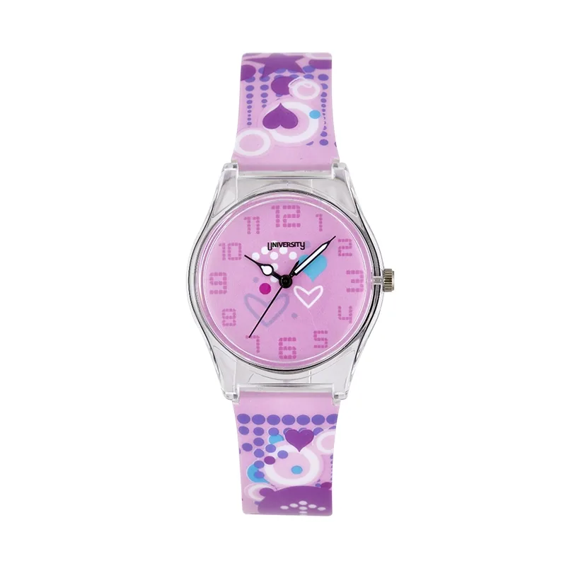 Reloj Reloj university analogo, para Mujer niña, tablero redondo color rosado, estilo arabigos, pulso plastico colores rosado y morado