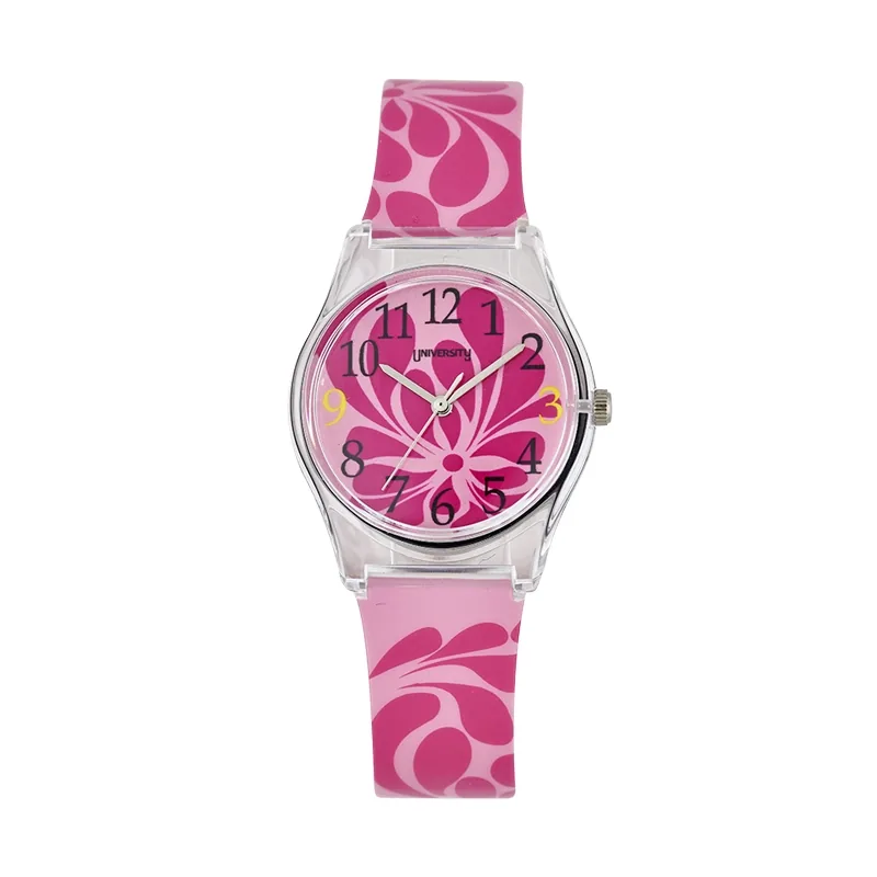 Reloj Reloj university analogo, para Mujer niña, tablero redondo colores rosado y rosado, estilo arabigos, pulso plastico color rosado