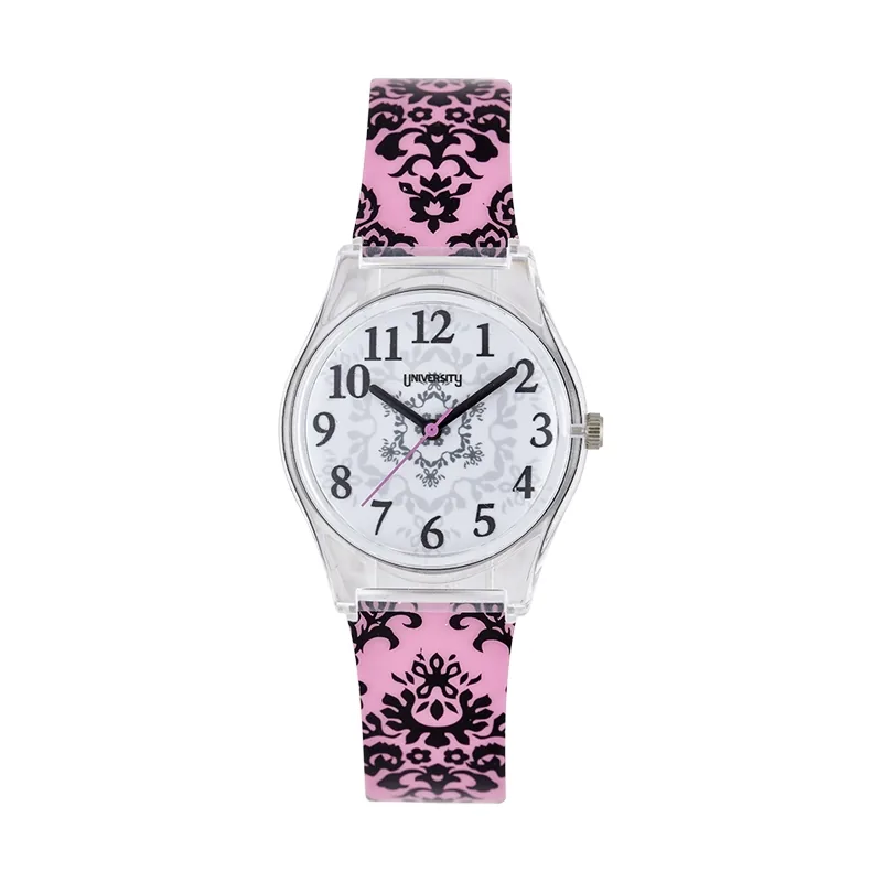 Reloj Reloj university analogo, para Mujer niña, tablero redondo colores blanco y gris, estilo arabigos, pulso plastico color rosado
