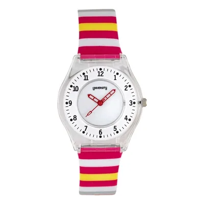 Reloj Reloj university analogo, para Mujer niña, tablero redondo color blanco, estilo arabigos, pulso plastico color rosado