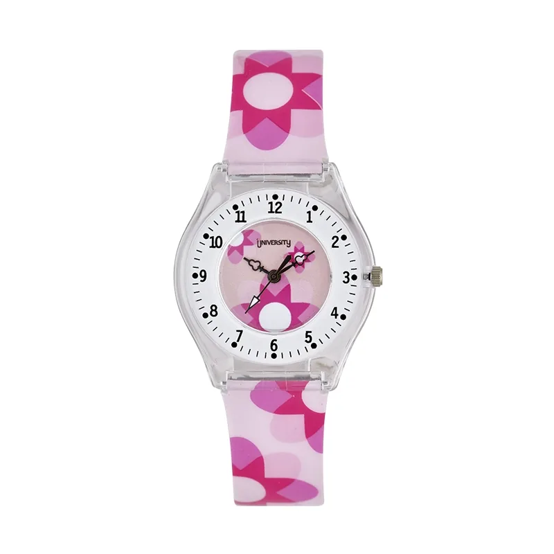 Reloj Reloj university analogo, para Mujer niña, tablero redondo colores rosado, rosado y blanco, estilo arabigos, pulso plastico color rosado
