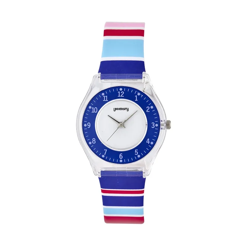 Reloj Reloj university analogo, para Mujer niña, tablero redondo color blanco, estilo arabigos, pulso plastico color morado