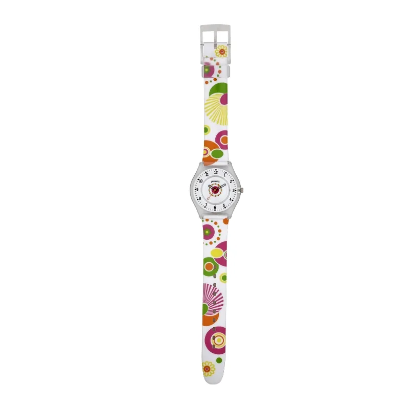 Reloj Reloj university analogo, para Mujer niña, tablero redondo colores blanco y rosado, estilo arabigos, pulso plastico color blanco