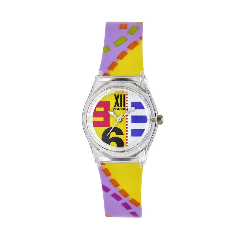 Reloj Reloj university analogo, para Mujer niña, tablero redondo colores amarillo y blanco, estilo arabigos + romanos, pulso plastico color azul