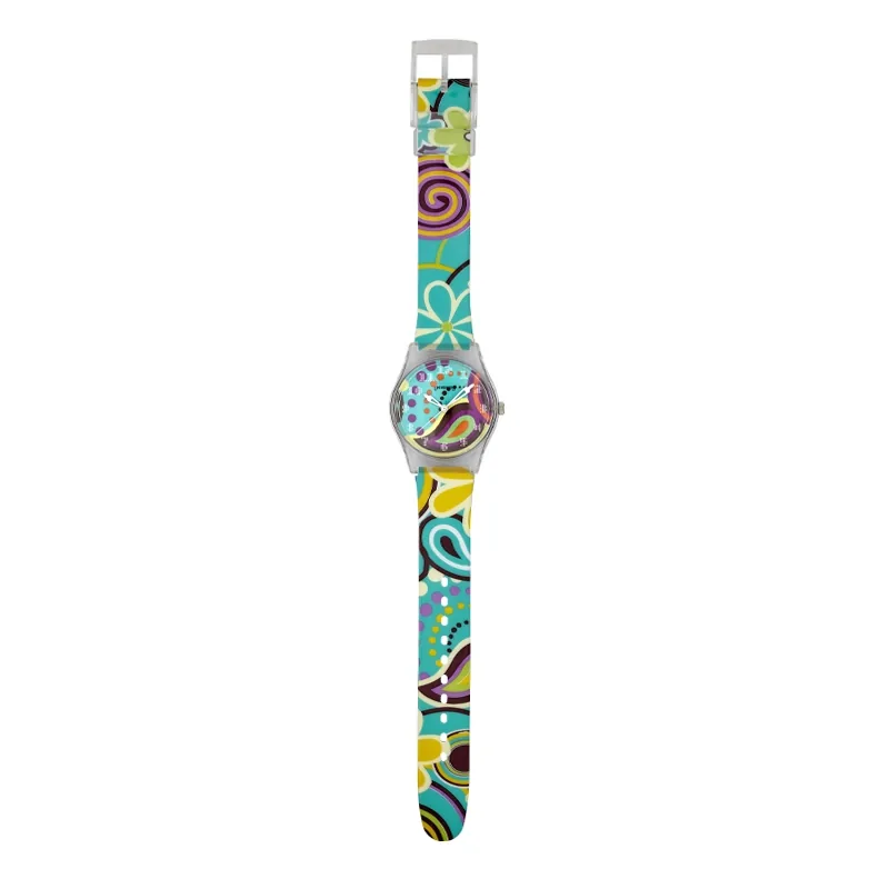 Reloj Reloj university analogo, para Mujer niña, tablero redondo colores verde y morado, estilo arabigos, pulso plastico color verde