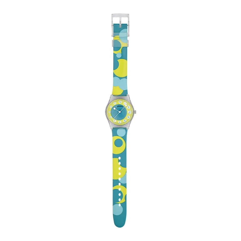 Reloj Reloj university analogo, para Mujer niña, tablero redondo colores amarillo y verde, estilo arabigos, pulso plastico color verde