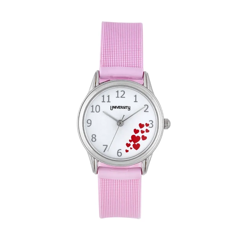 Reloj Reloj university analogo, para Mujer niña, tablero redondo color blanco, estilo arabigos, pulso silicona color rosado