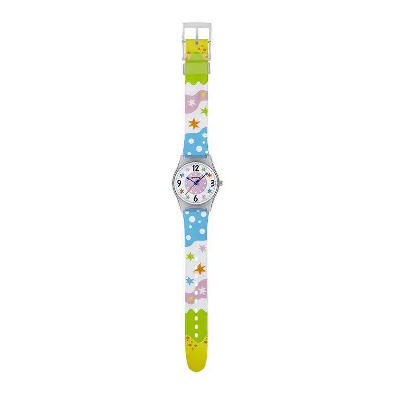 Reloj Reloj university analogo, para Mujer niña, tablero redondo colores blanco y rosado, estilo puntos + arabigo, pulso plastico colores blanco y azul