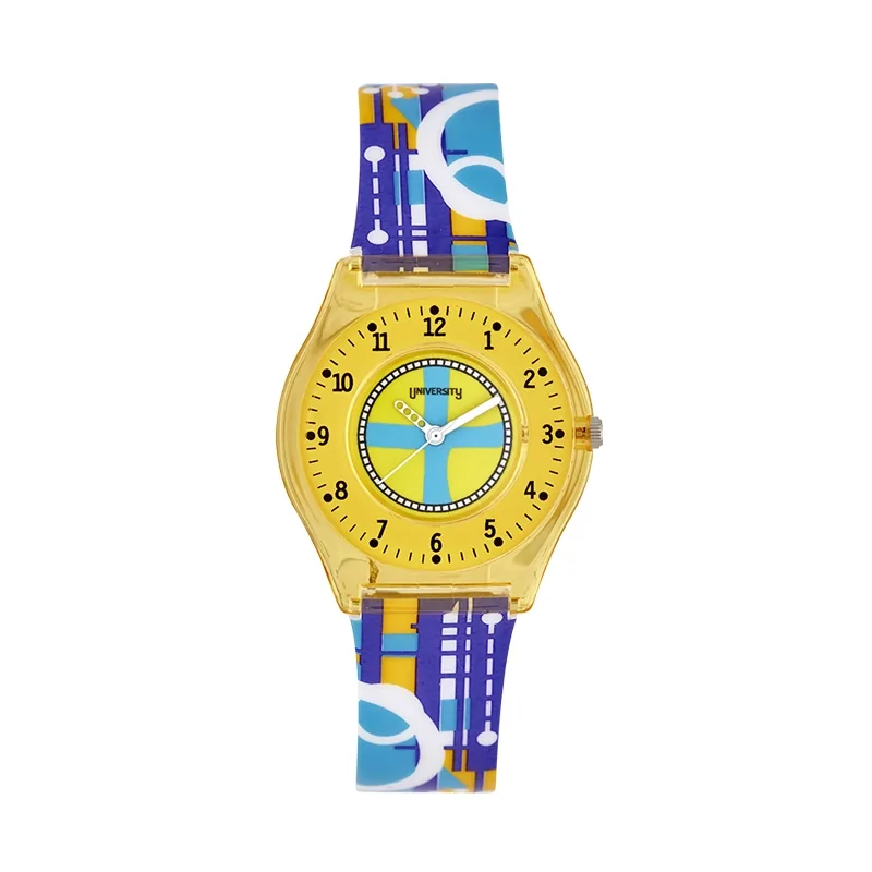 Reloj Reloj university analogo, para Mujer niña, tablero redondo colores amarillo y azul, estilo arabigos, pulso plastico color azul