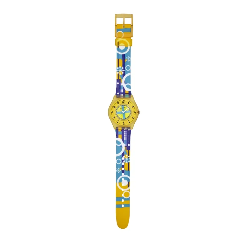 Reloj Reloj university analogo, para Mujer niña, tablero redondo colores amarillo y azul, estilo arabigos, pulso plastico color azul
