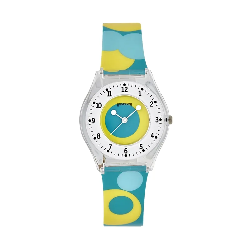 Reloj Reloj university analogo, para Mujer niña, tablero redondo colores amarillo, verde y blanco, estilo arabigos, pulso plastico color amarillo