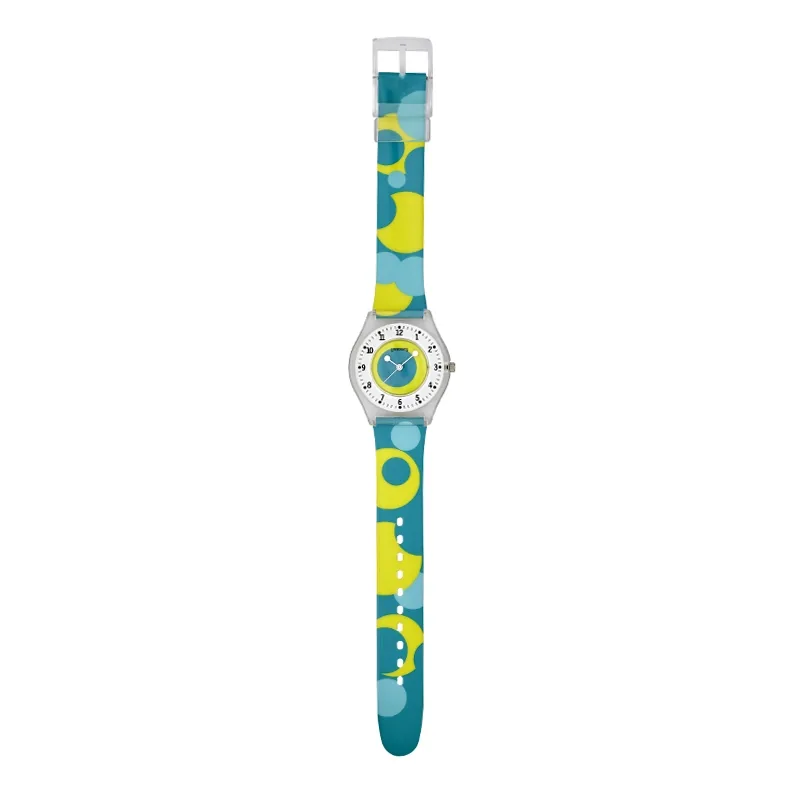 Reloj Reloj university analogo, para Mujer niña, tablero redondo colores amarillo, verde y blanco, estilo arabigos, pulso plastico color amarillo