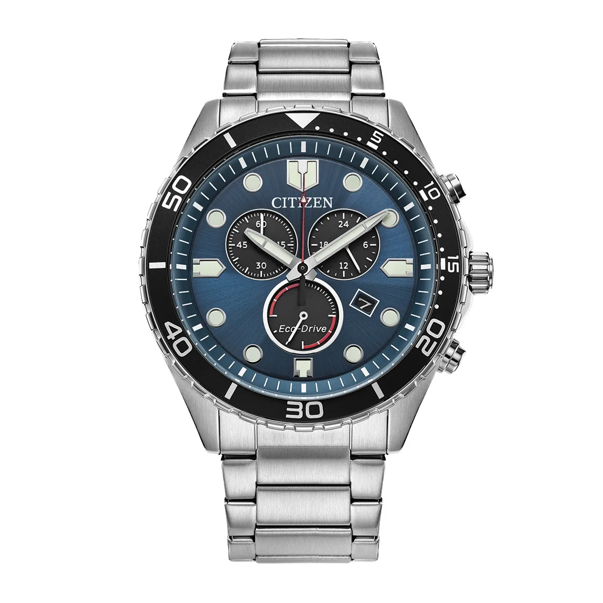 Reloj Citizen analogo, para Hombre, tablero redondo colores azul y gris, estilo index + puntos, pulso acero color plateado, calendario, cronografo