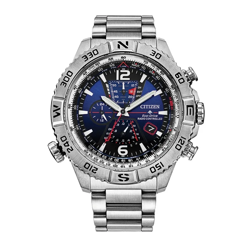 Reloj Citizen análogo, para Hombre, tablero redondo color azul, estilo index + arábigo, pulso acero color plateado, calendario, cronografo