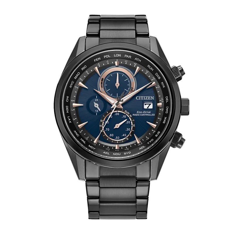 Reloj Citizen análogo, para Hombre, tablero redondo colores azul y rosa, estilo index, pulso acero color negro, calendario, cronografo