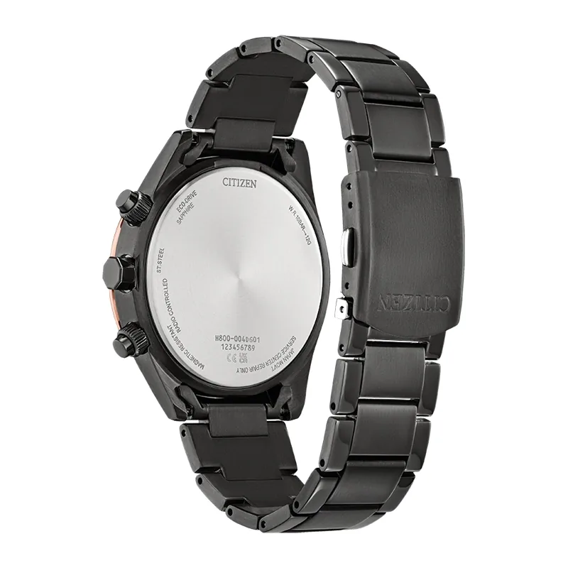 Reloj Citizen análogo, para Hombre, tablero redondo colores azul y rosa, estilo index, pulso acero color negro, calendario, cronografo