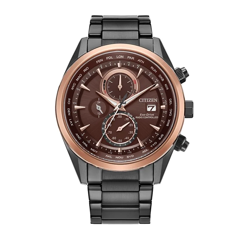 Reloj Citizen análogo, para Hombre, tablero redondo colores café y rosa, estilo index, pulso acero color gris, calendario, cronografo