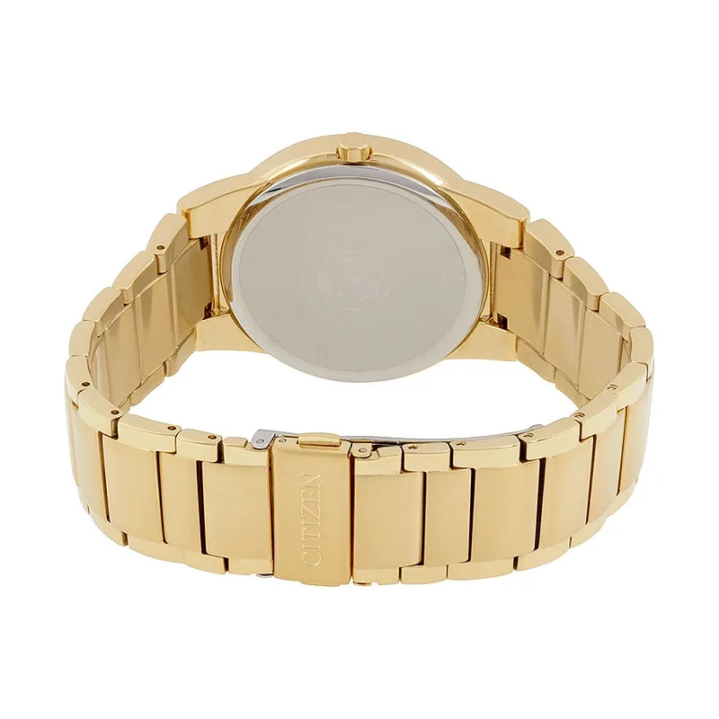 Reloj Citizen analogo, para Hombre, tablero redondo color negro, estilo sin numeros, pulso acero color dorado, calendario