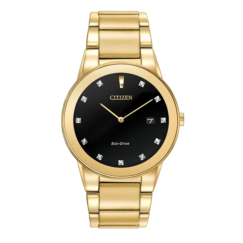 Reloj Citizen análogo, para Hombre, tablero redondo colores negro y dorado, estilo index + puntos, pulso acero color dorado, calendario