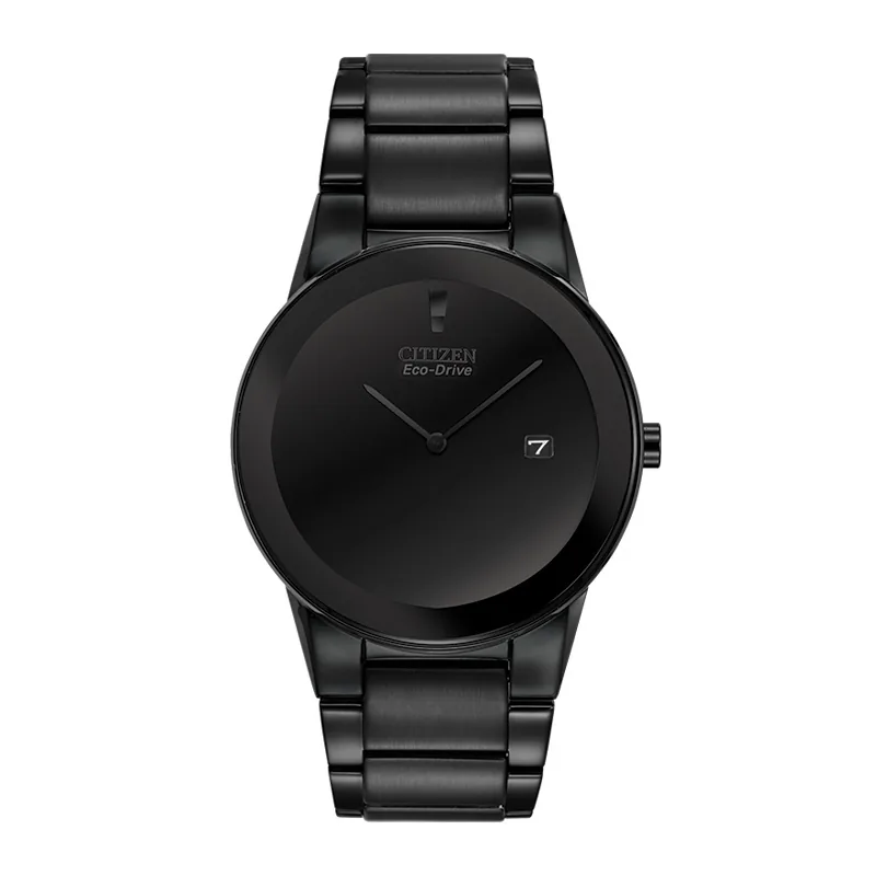 Reloj Citizen analogo, para Hombre, tablero redondo color negro, estilo sin numeros, pulso acero color negro, calendario