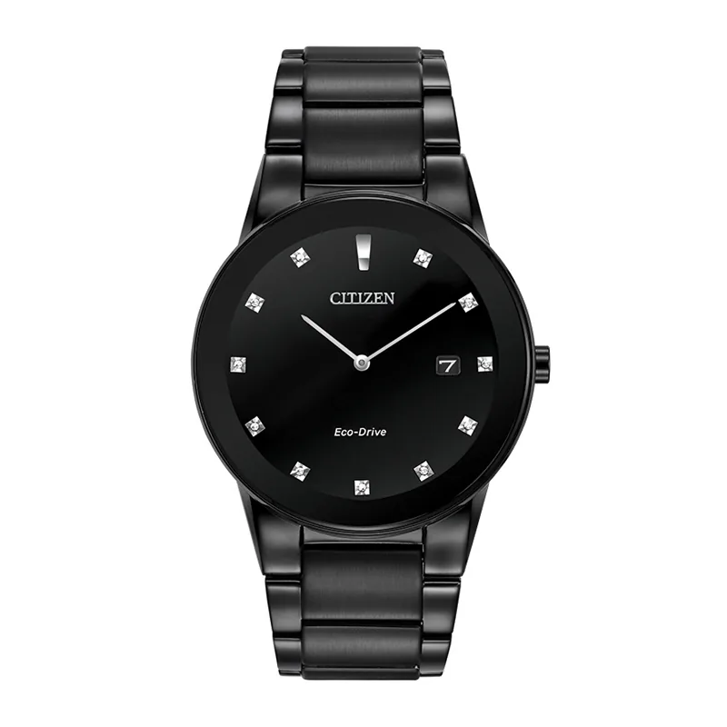 Reloj Citizen analogo, para Hombre, tablero redondo color negro, estilo index + puntos, pulso acero color negro, calendario