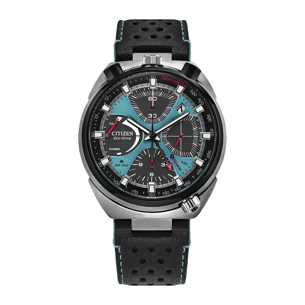 Reloj Citizen análogo, para Hombre, tablero redondo colores negro y azul, estilo index, pulso cuero color negro, calendario, cronografo