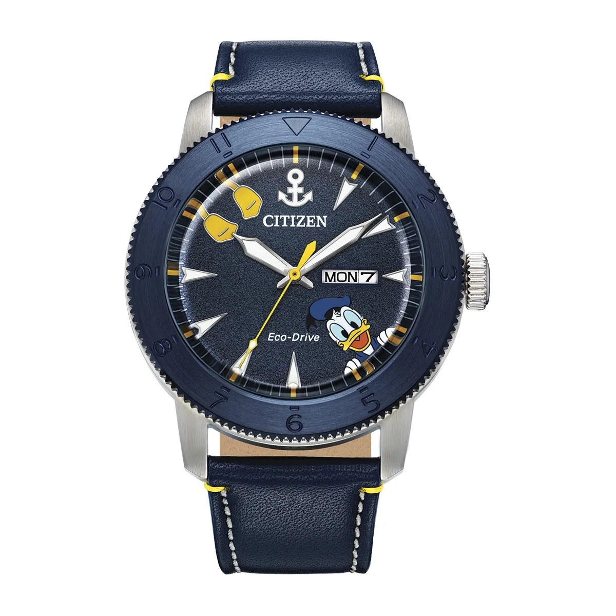 Reloj Citizen análogo, para Hombre, tablero redondo color azul, estilo index, pulso cuero color azul, calendario