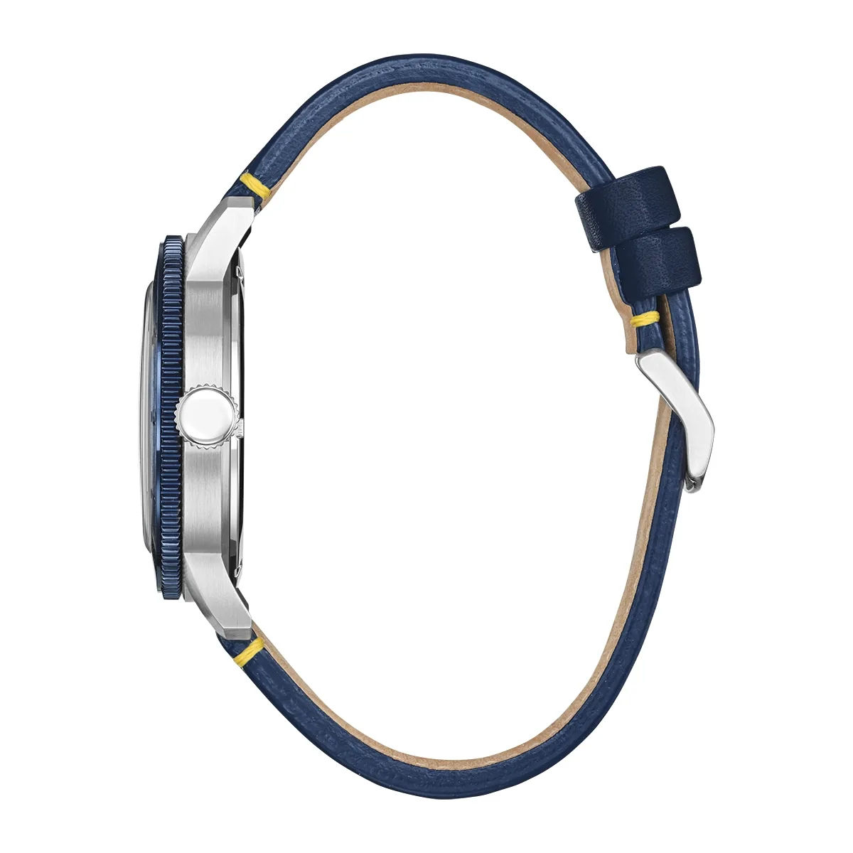 Reloj Citizen análogo, para Hombre, tablero redondo color azul, estilo index, pulso cuero color azul, calendario