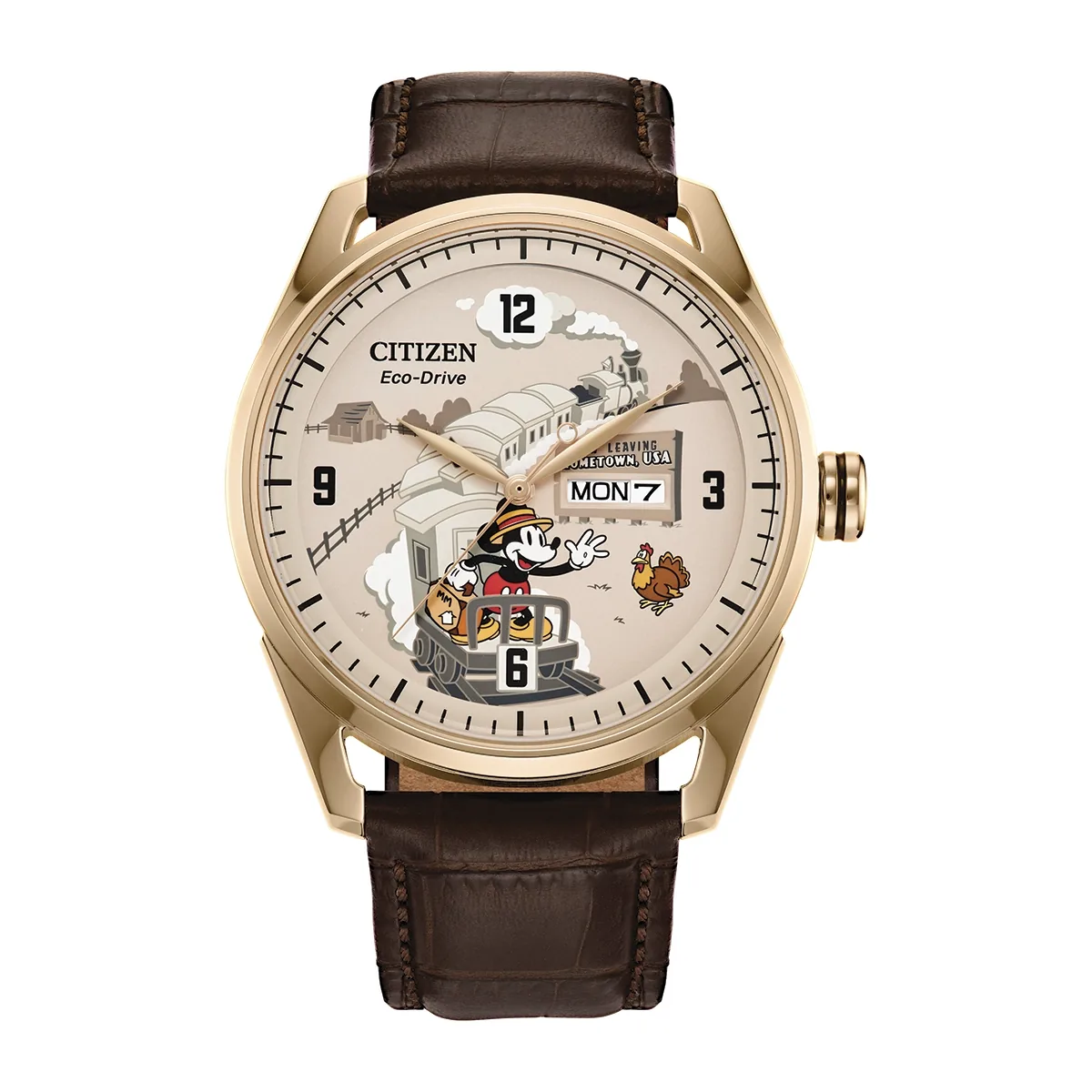 Reloj Citizen análogo, para Hombre, tablero redondo color beige, estilo arábigos, pulso cuero color café, calendario