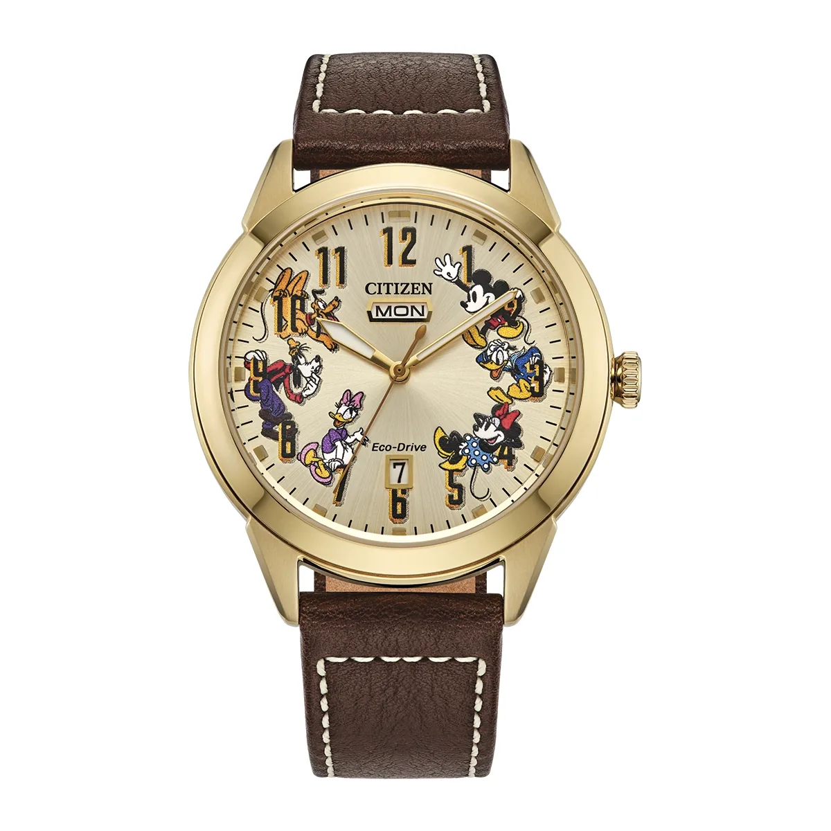 Reloj Citizen análogo, para Hombre, tablero redondo color dorado, estilo arábigos, pulso cuero color café, calendario